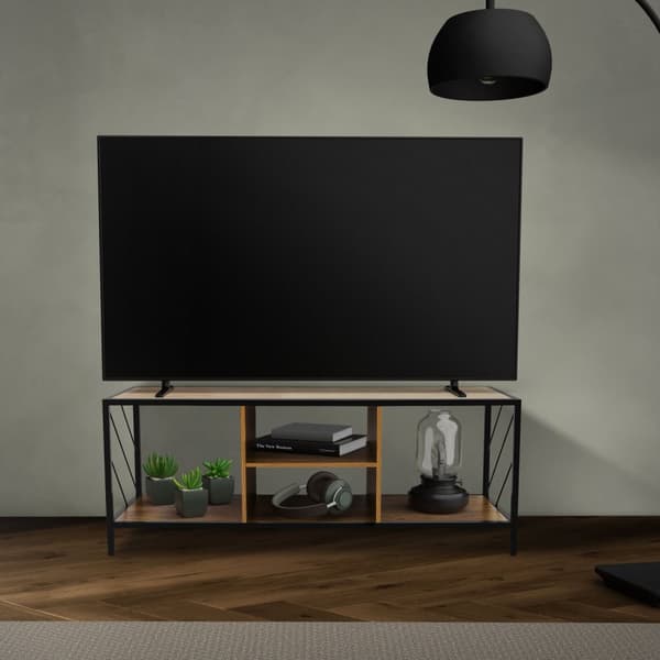 TV-lowboard 120x40 cm med rustik ekdekor och stålram i svart TV-skåp med 4 fack ML-design
