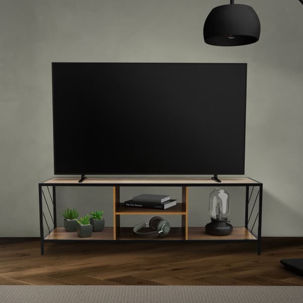 TV-lowboard 140x40 cm med rustik egetræsdekor og stålramme i sort TV-møbel med 4 rum ML-design