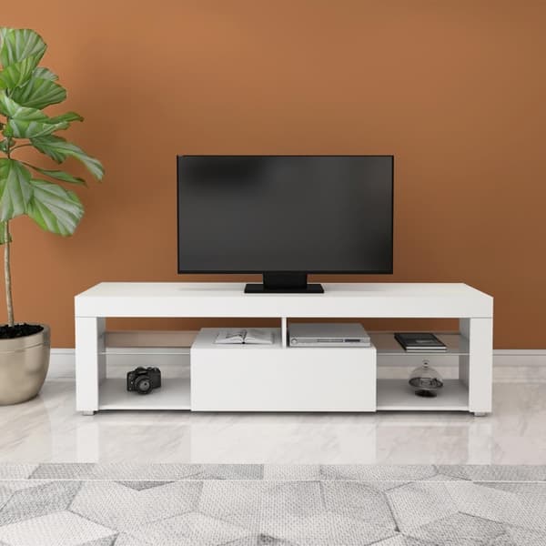 ML Design Wood Træ TV Lowboard i White, 140x51x35 cm, moderne tv-kort med opbevaringsplads, Fyld design, tv-kabinettet stående med skuffe