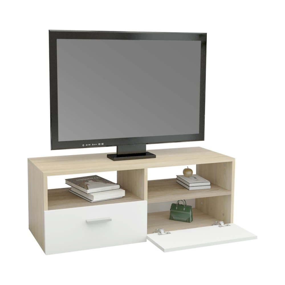 ML Design Trä TV Lowboard i Vit / Natur 95x36x35cm, Modern TV-kort med förråd för vardagsrum, TV-skåp som står med 2 vikdörrar och 2 öppna fack