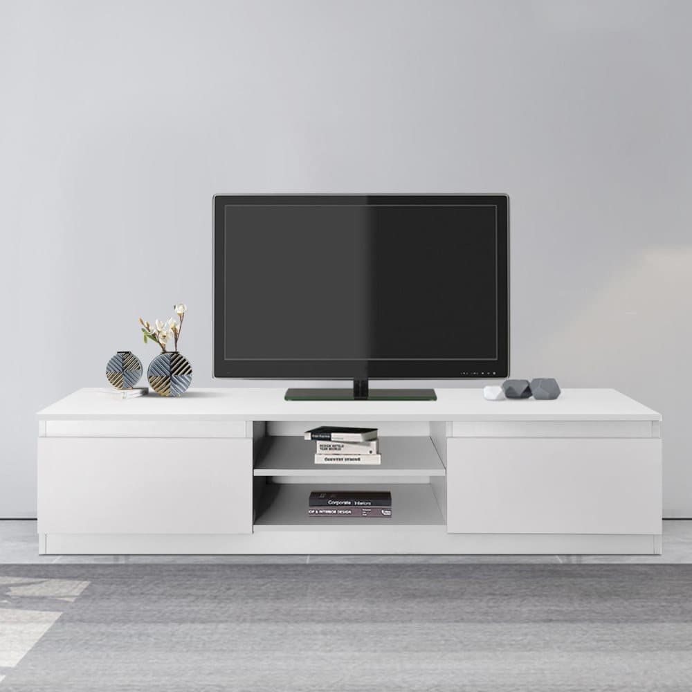 ML Design Trä TV Lowboard i vit, 140x36x40 cm, modernt TV-kort med förvaringsutrymme för ditt vardagsrum, TV-skåp som står med 2 roterande dörrar
