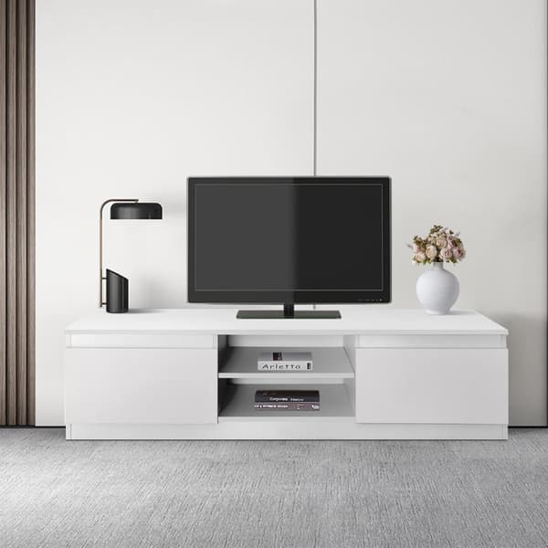 ML Design puinen televisiolavi valkoinen, 120x36x40 cm, moderni TV-lauta, jossa on olohuoneesi, TV-kaappi seisoo 2 pyörivää ovea ja 2 avointa lokeroa