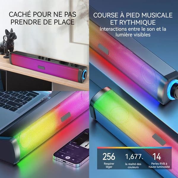 Bluetooth-ljudstång med RGB-ljus, stereohögtalare, trådlös soundbar med kraftig bas för spel och låtar.