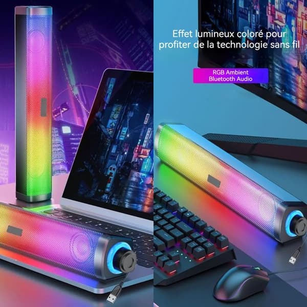 Bluetooth-ljudstång med RGB-ljus, stereohögtalare, trådlös soundbar med kraftig bas för spel och låtar.
