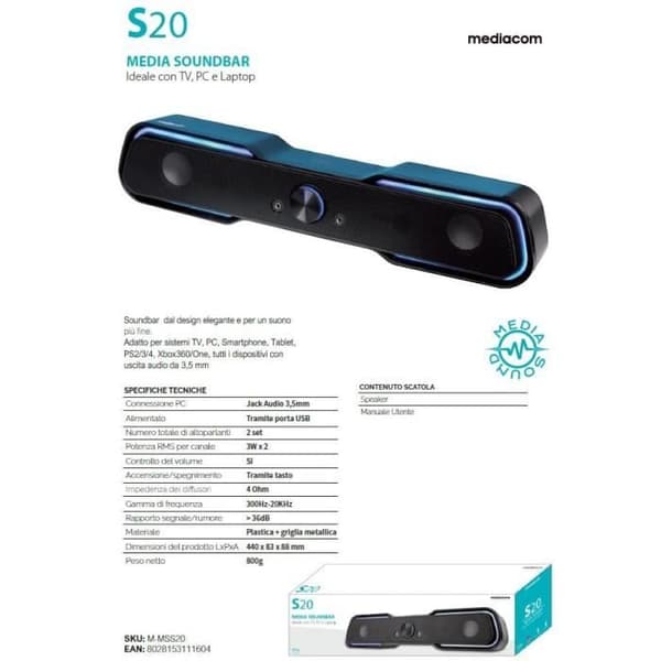 Mediacom Soundbar S20 Black 3W RMS USB med Volymkontroll