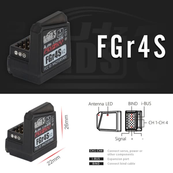 Flysky FGR4S V2 Modtager, 4 Kanaler, 2.4GHz Frekvens, Indbygget Antenne