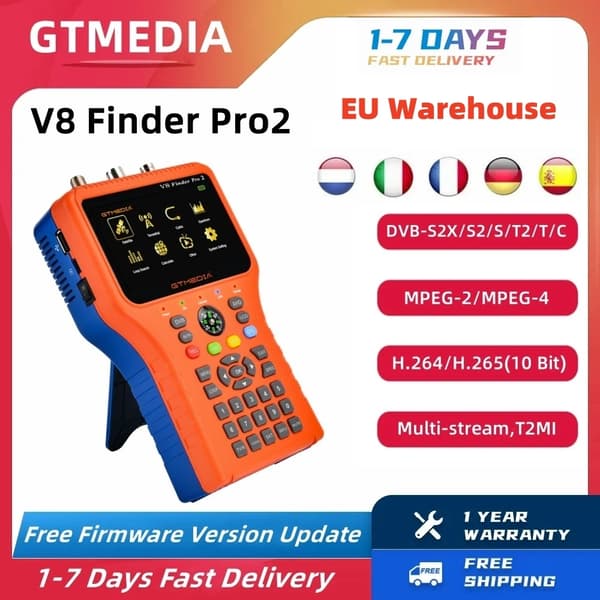 Satellite Finder, 4,3 tum skärm, DVB-S2X/S2/S/T2/T/C stöd, integrerad högtalare,V8 Hittare Pro2, EU Kontakt