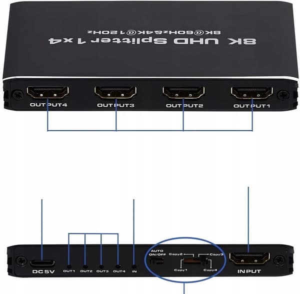 HDMI 2.1 SPLITTER 1x4 ULTRAHD HDCP 2.3 SPLITTER 8K60HZ 4K 120HZ - 4 TV