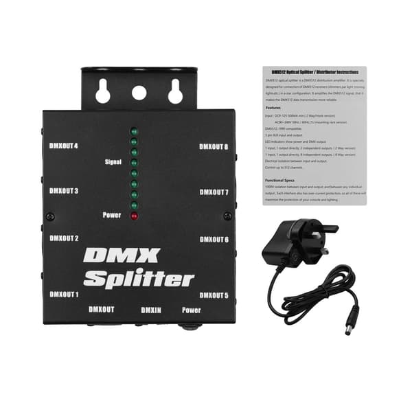 DMX512 optisk signalförstärkare, 1 direktingång, 8 oberoende utgångar,Svart