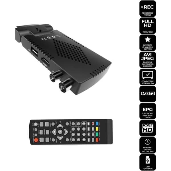 TNT HD T2-mottagare - DOKI - DVT-SCART500 - USB-inspelning - Kompatibel med AVI/MKV/MP3 - Svart