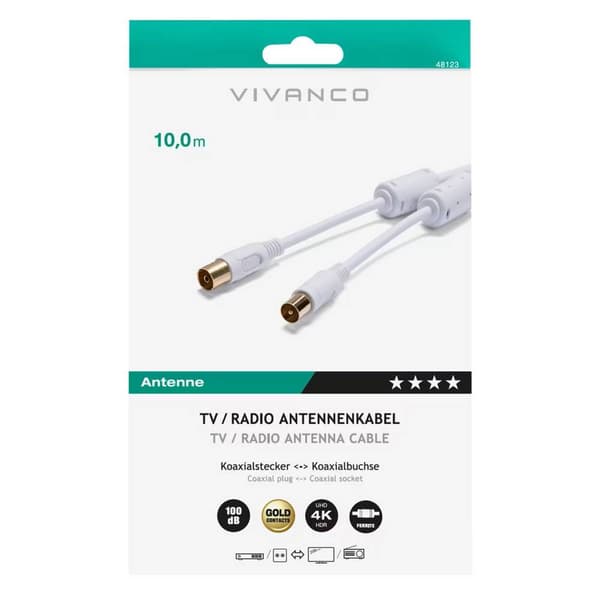 Vivanco Antenn Anslutningskabel [1x Antenn-hona 75 Ω - 1x Antenn-hane 75 Ω] 10.00 m 100 dB guldpläterad kontakt, med fe