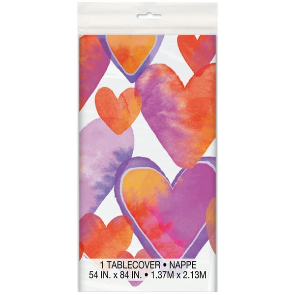 Unique Party Plastic Watercolour Hearts Valentine`s Day Party Table Cover White/Purple/Orange One Size