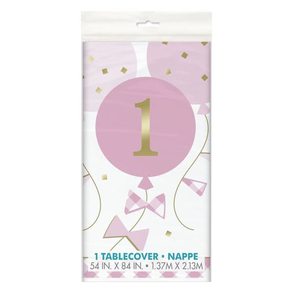 Unique Party Gingham 1st Birthday Party Table Cover White/Pink One Size