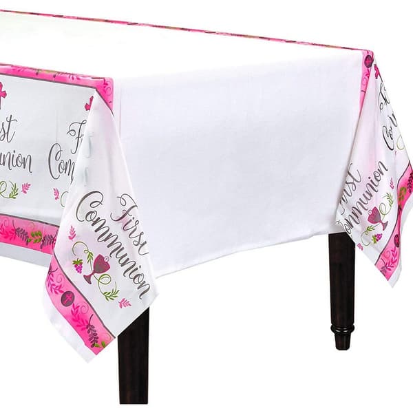 Amscan Plastic Printed Communion Party Table Cover White/Pink One Size