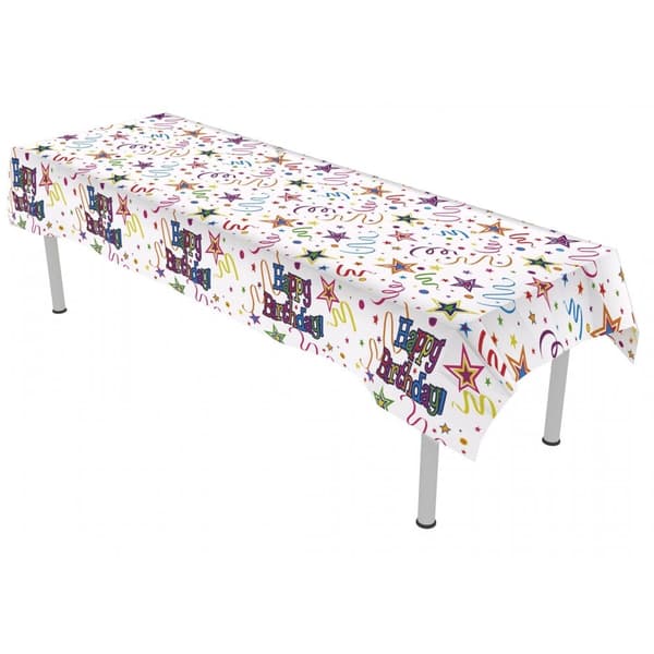 Oaktree Ribbons And Stars Plastic Happy Birthday Party Table Cover White/Multicoloured One Size