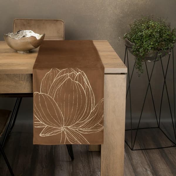 Duk bordslöpare 35x220 Blink 12 brunt guld lotusblomma velour Eurofirany