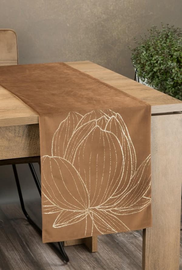Duk bordslöpare 35x220 Blink 12 brunt guld lotusblomma velour Eurofirany