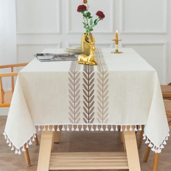 Vattentät bomulls- och linneduk med blom- och bladbroderier, Tofsduk Elegant rektangulär duk-110*170cm