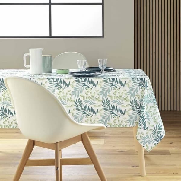 Rektangulär fläckbehandlad duk - 145x240cm - Salvia lövverk - Vit