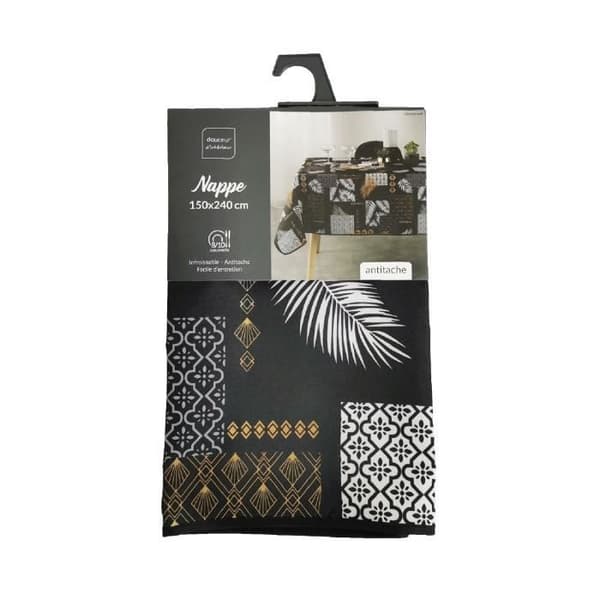 Färgstark rektangulär bordsduk - Lövverk och grafiska mönster - Svart - 100% polyester - Maskintvättbar