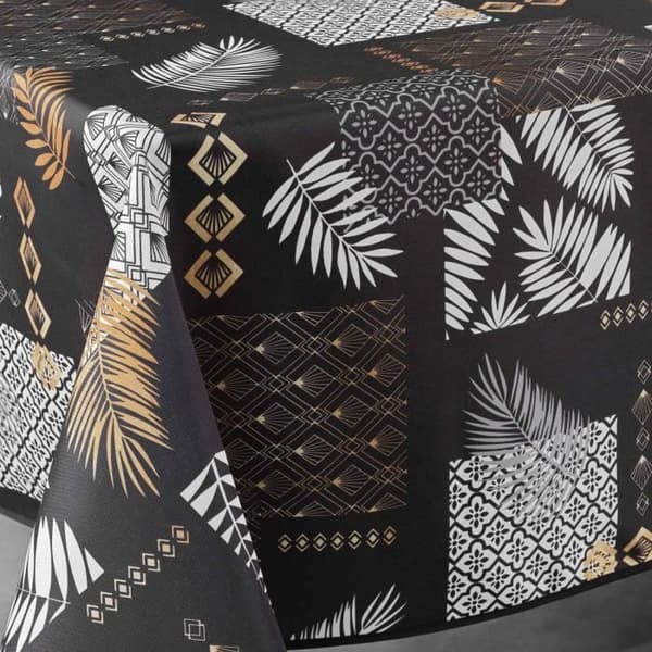 Färgstark rektangulär bordsduk - Lövverk och grafiska mönster - Svart - 100% polyester - Maskintvättbar