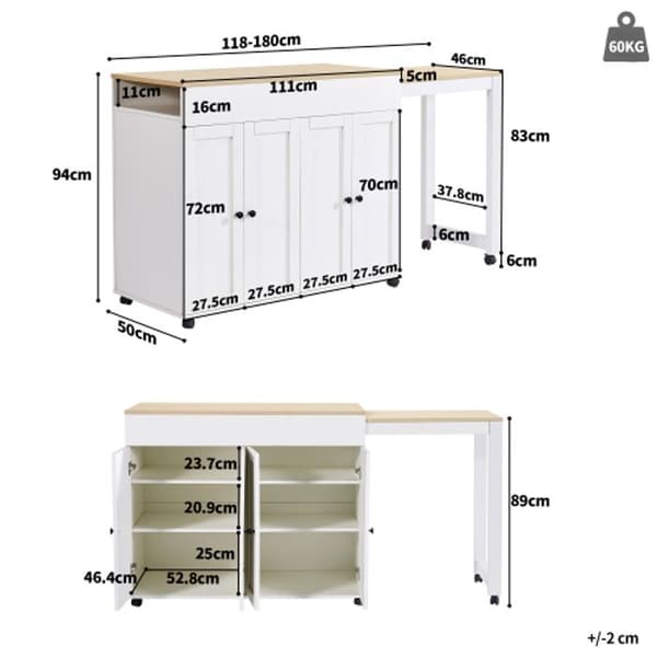 Retractable modern bar (118-180 x 50 x 94 cm) som kan användas som rumseparerare, vit