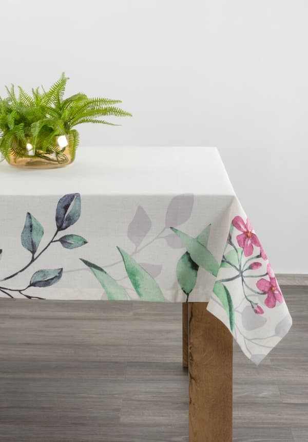 Dekorativ dug NATU-7 140x280 Eurofirany hvid med botaniske blomster
