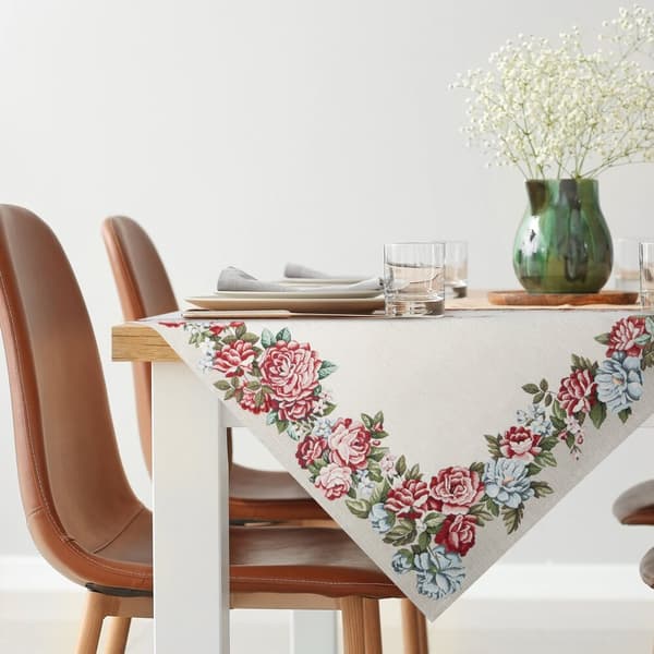 Koristeellinen kuvakudospöytäliina 100x100 Eurofirany luonnollinen värikkäillä kukilla