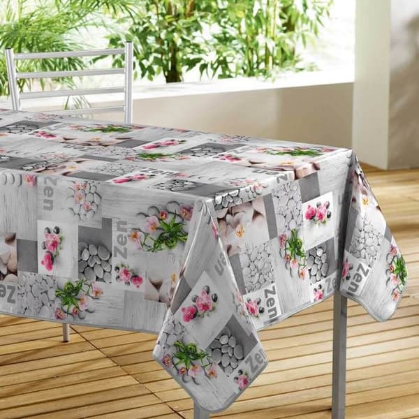 Rektangulär vaxduksduk - 140 x 300 cm - Zen, småsten och orkidéer - Grå