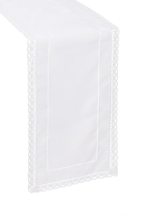 Vit bordslöpare med hålsöm och krona 140x140 Elegant som linne kvadrat