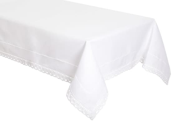 Vit bordslöpare med hålsöm och krona 140x140 Elegant som linne kvadrat