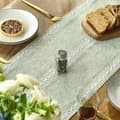 Miniatyrbillede 2 af 6: Lollanda Bordløber med håndlavede kvaster, salviegrøn vævede striber polyesterstof bordløber