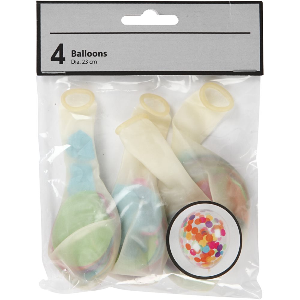 Ballonger med konfetti, transparent, runda, Dia. 23 cm, 4 st./ 1 förp.