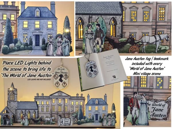 Jane Austen  byscen i miniatyr för hylla Lägg till LED-lampor för att ge liv