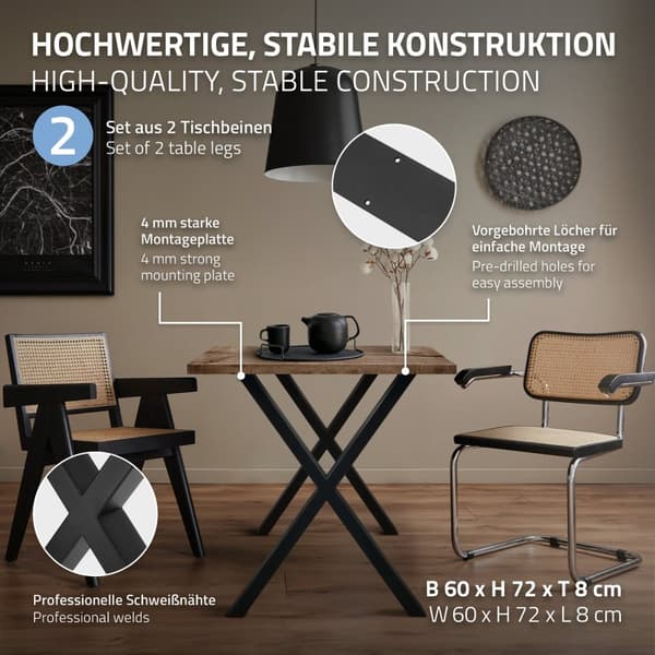 ECD Germany 2-osainen pöydän runko 60 x 72 cm, X-muotoinen X-muotoinen risti, valmistettu jauhemaalatusta teräksestä, musta teollisessa muotoilussa.
