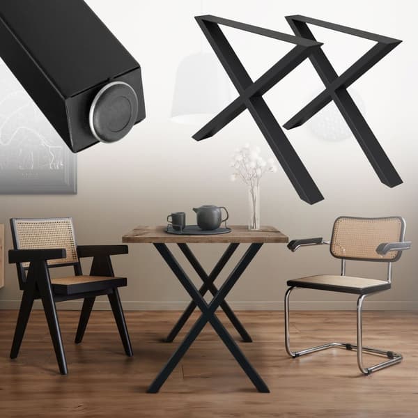 ECD Germany Tvådelad bordsram 60 x 72 cm i X-form X-design kors av pulverlackerat stål svart i industriell design Bordsfot, bordsben, bordslister,