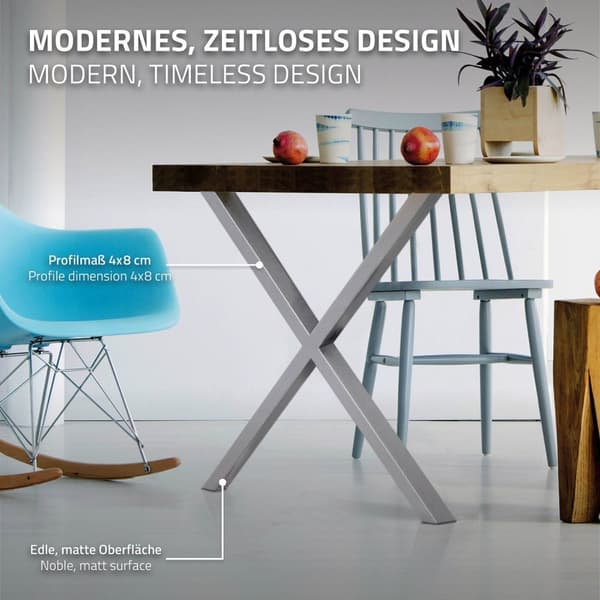 ECD Germany 2X Taulukko jalat X-Design X-muoto, 60x72cm, harmaa, jauhemaalattu teräs, teollinen muotoilu, metallipöytä Base Table Frame Furning Feet