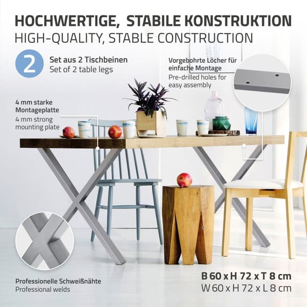 ECD Germany 2X Taulukko jalat X-Design X-muoto, 60x72cm, harmaa, jauhemaalattu teräs, teollinen muotoilu, metallipöytä Base Table Frame Furning Feet