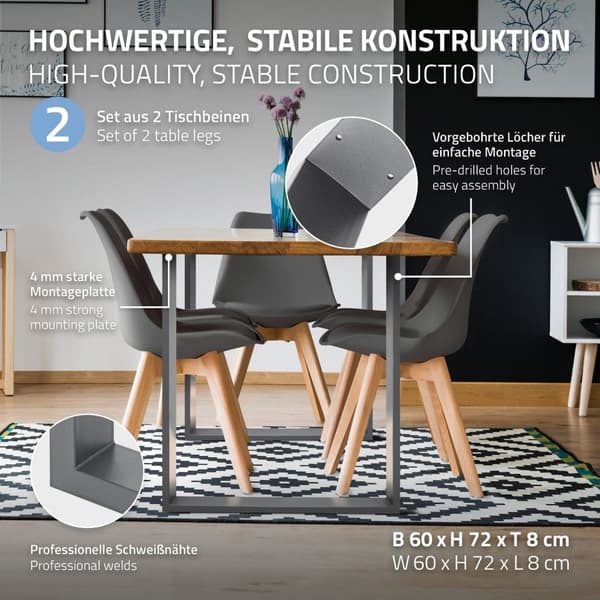 ECD Germany 2X Taulukko jalat, jotka on valmistettu neliöprofiileista, 60 x 72 cm, harmaa, jauhe päällystetty teräs, teollinen muotoilu, metallipöytä
