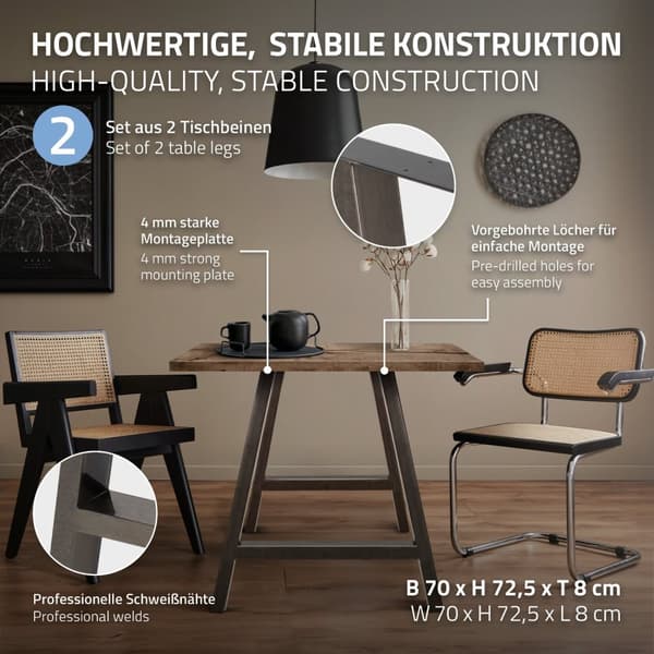 ECD Germany 2X Taulukko jalat A-muotoinen A-muotoilu, 70 x 72 cm, valmistettu jauhemaalattu teräs, teollinen muotoilu, metallipöydän