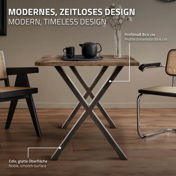 ECD Germany 2x Bordben X-form X-Design, 60 x 72 cm, pulverlakeret stål, industrielt design, metalbord