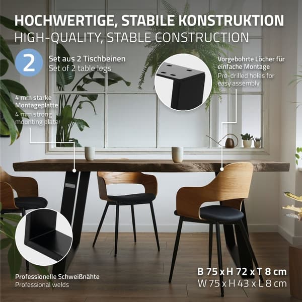 ML-Design 2-pack Bordben med 80 graders lutning; 75x72 cm; Svart; Profil 8x2 cm; Snedställda bordsben; Metallmöbelben; Stålbordställning med lutning;