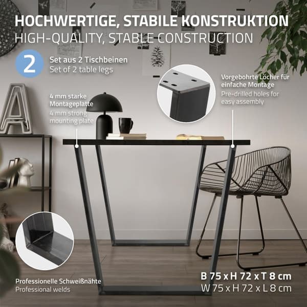 ML-Design 2 kpl pöytäjalkoja; trapezoidi 75x72 cm; V-muoto; teollinen; profiili 8x2 cm; pulverimaalattu teräs; kallistettu; teollinen muotoilu;
