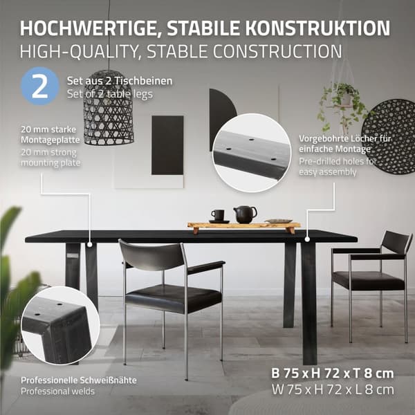 ML-Design 2 stk. Bordben Loft 75x72 cm; Industriel; Profil 8x2 cm; af stål; Industrielt design; U-form; Metal bordramme scandic; Bordben