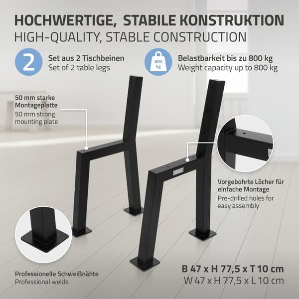 ML-Design 2 stk. H-formede bænkeben 47x77;5cm i sort stål; stabile; vejrbestandige og rustfri; metalbænkestativ med ryglæn til udendørs brug; DIY