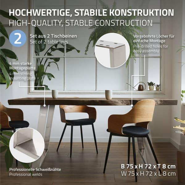 ML-Design 2 kpl pöytäjalat 80 asteen kaltevuudella; 75x72 cm; hopea; profiili 8x2 cm; viistot pöytäjalat; metalliset huonekalujalat; kalteva