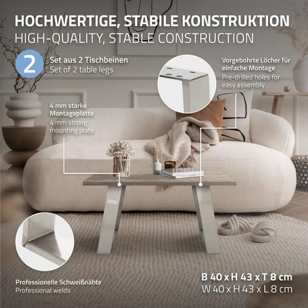 ML-Design 2 kpl pöytäjalat 80 asteen kaltevuudella; 40x43 cm; hopea; profiili 8x2 cm; viistot pöytäjalat; metalliset huonekalujalat; kalteva