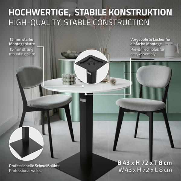 ML-Design Bordsstativ Enkel Svart Höjd 72cm; pulverlackerad stål; metallbordsstolpe med 43x43 cm bottenplatta; enskild matbordsbordsunderrede;