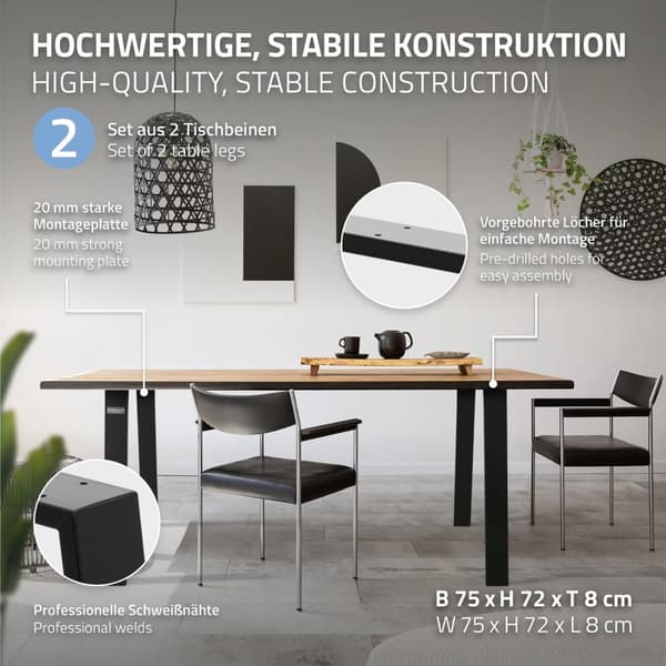 ML-Design 2-pack Bordben Loft 75x72 cm; Svart; Profil 8x2 cm; av Stål; Industriell design; U-form; Metallbordstativ scandic; Bordben Möbelfötter; för