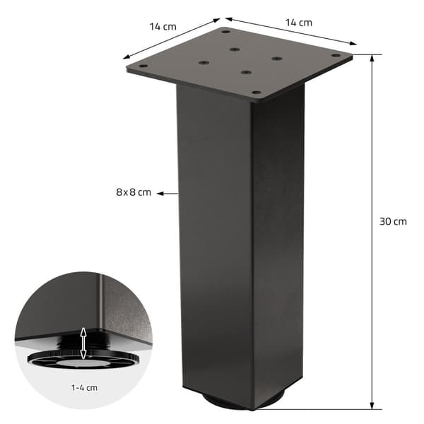 ML-Design set med 4 bordsben I-Design 30 cm, mörkgrå industriell look, pulverlackerat stål, kantiga, profil 8x8 cm, höjdjusterbara möbelben 1-4 cm,